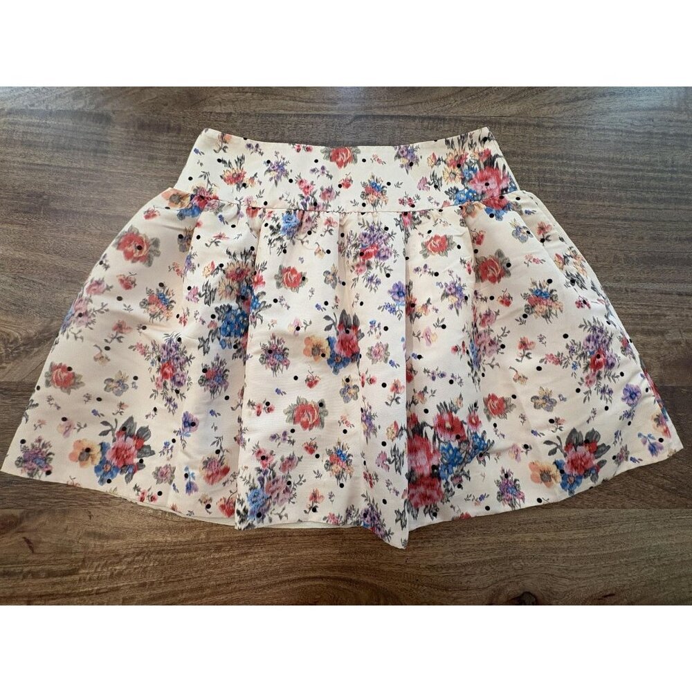 Red Valentino Skirt Womens IT 44 Ivory Floral Flocked Polka Dot Pleated Mini